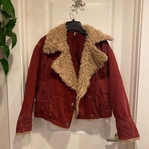 Free people red fur lined bomber jacket